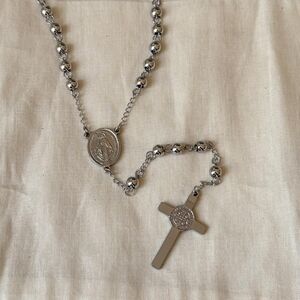 Silver Rosary Necklace with Cross Pendant